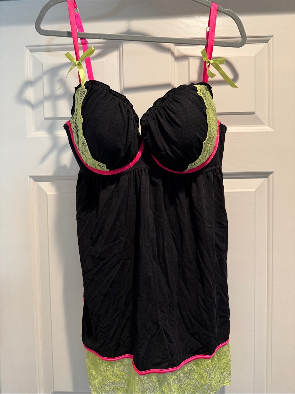 Cacique Black Chemise with Pink Straps and Lime Lace